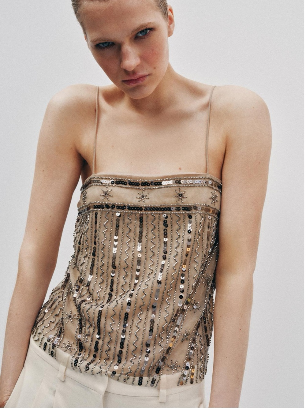 ZARA BEADED SEQUIN TULLE TOP